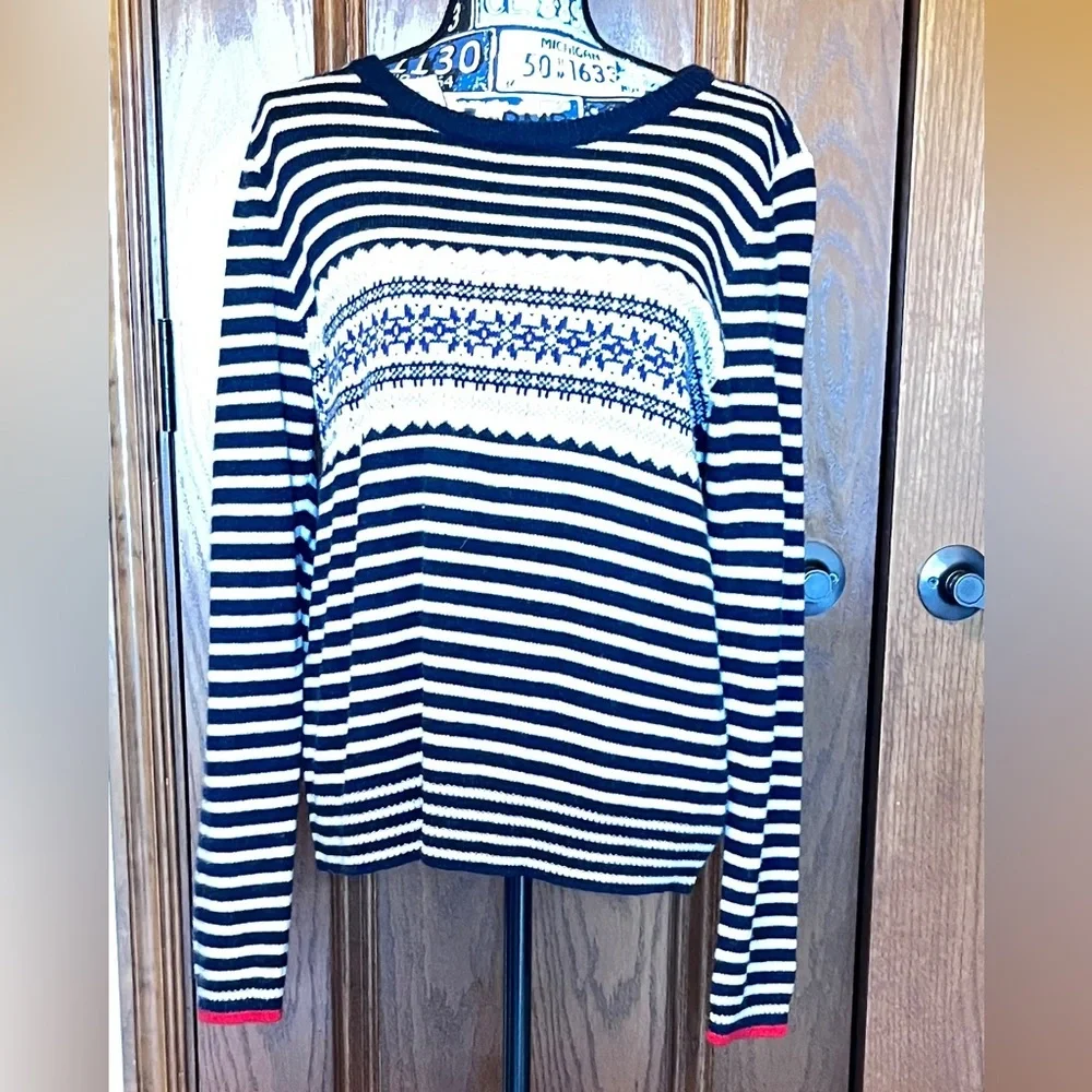 J Crew Fair Isle Striped Sweater-Midnight BlueWhite/Multi-Large. NWT - Picture 1 of 5